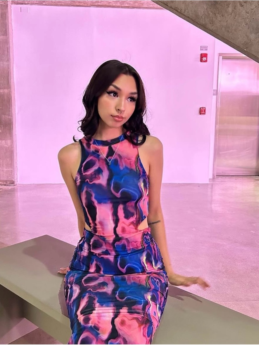 Sleeveless Pink & Blue Marble-Print Midi Dress with Cutout
